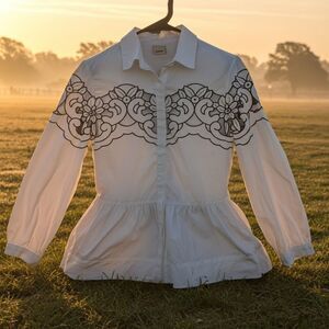 PINKO XS White Cutout Floral Button Up Cotton Shirt Crisp Poplin